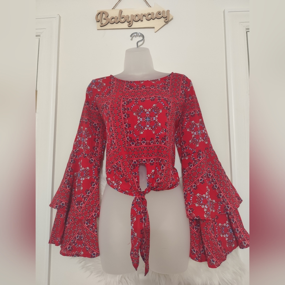 Altar'd State Crop Top Womens Red Bandana Print Bell Sleeve Tie Front Size S